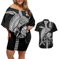 Kanaloa Aloha Hawaii Couples Matching Off Shoulder Short Dress and Hawaiian Shirt Humpback Whale Octopus Tattoo Kakau Pattern LT14 Black - Polynesian Pride