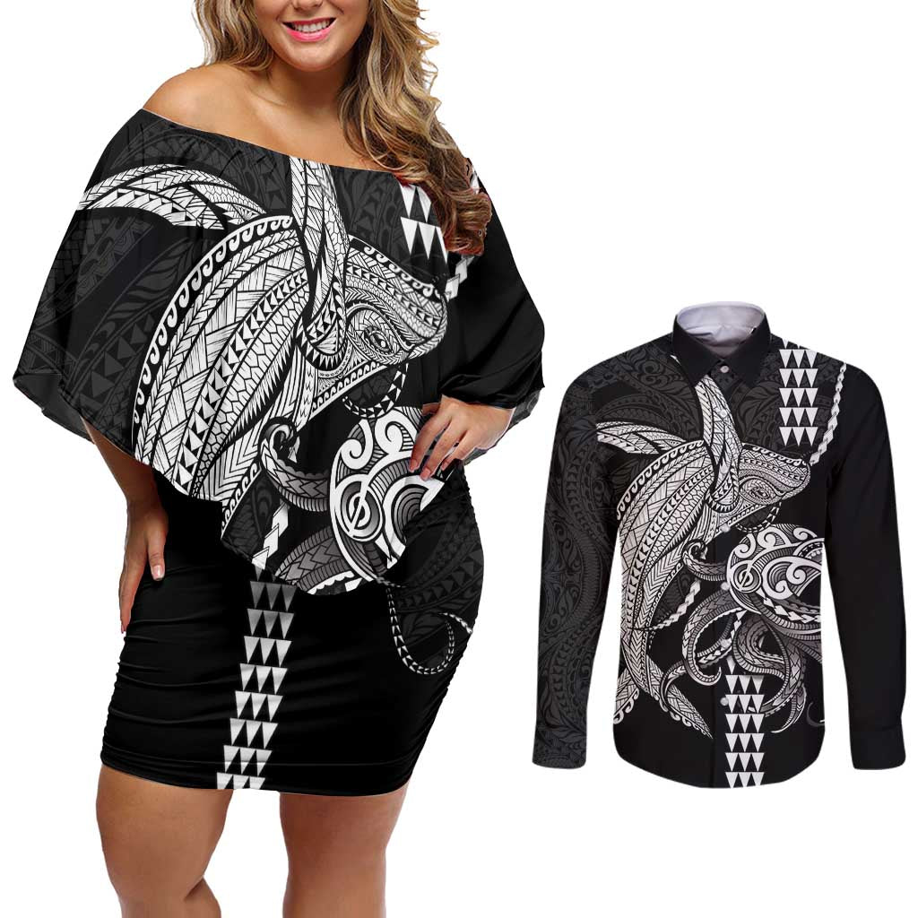 Kanaloa Aloha Hawaii Couples Matching Off Shoulder Short Dress and Long Sleeve Button Shirt Humpback Whale Octopus Tattoo Kakau Pattern