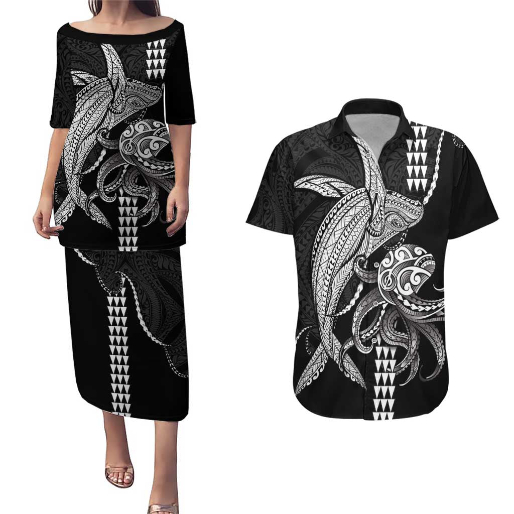 Kanaloa Aloha Hawaii Couples Matching Puletasi and Hawaiian Shirt Humpback Whale Octopus Tattoo Kakau Pattern