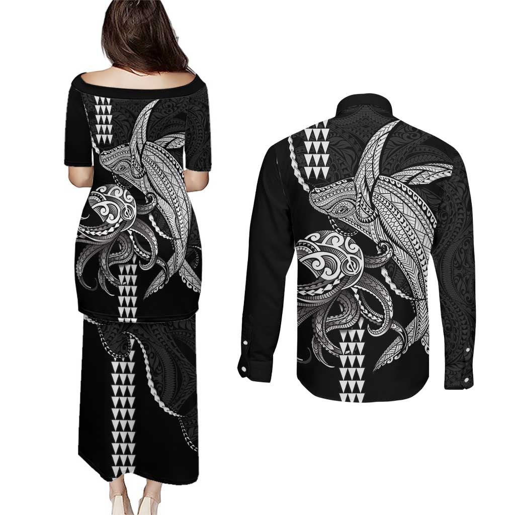 Kanaloa Aloha Hawaii Couples Matching Puletasi and Long Sleeve Button Shirt Humpback Whale Octopus Tattoo Kakau Pattern
