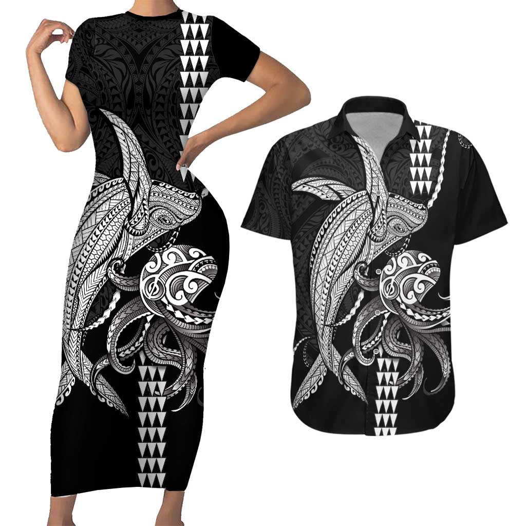 Kanaloa Aloha Hawaii Couples Matching Short Sleeve Bodycon Dress and Hawaiian Shirt Humpback Whale Octopus Tattoo Kakau Pattern