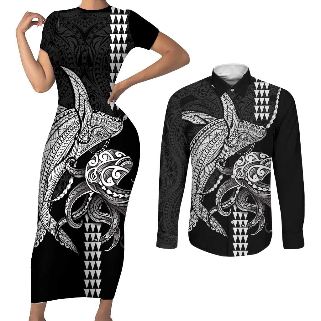 Kanaloa Aloha Hawaii Couples Matching Short Sleeve Bodycon Dress and Long Sleeve Button Shirt Humpback Whale Octopus Tattoo Kakau Pattern LT14 Black - Polynesian Pride