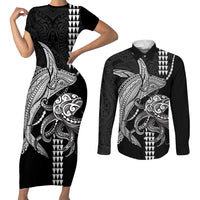 Kanaloa Aloha Hawaii Couples Matching Short Sleeve Bodycon Dress and Long Sleeve Button Shirt Humpback Whale Octopus Tattoo Kakau Pattern LT14 Black - Polynesian Pride
