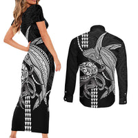 Kanaloa Aloha Hawaii Couples Matching Short Sleeve Bodycon Dress and Long Sleeve Button Shirt Humpback Whale Octopus Tattoo Kakau Pattern LT14 - Polynesian Pride