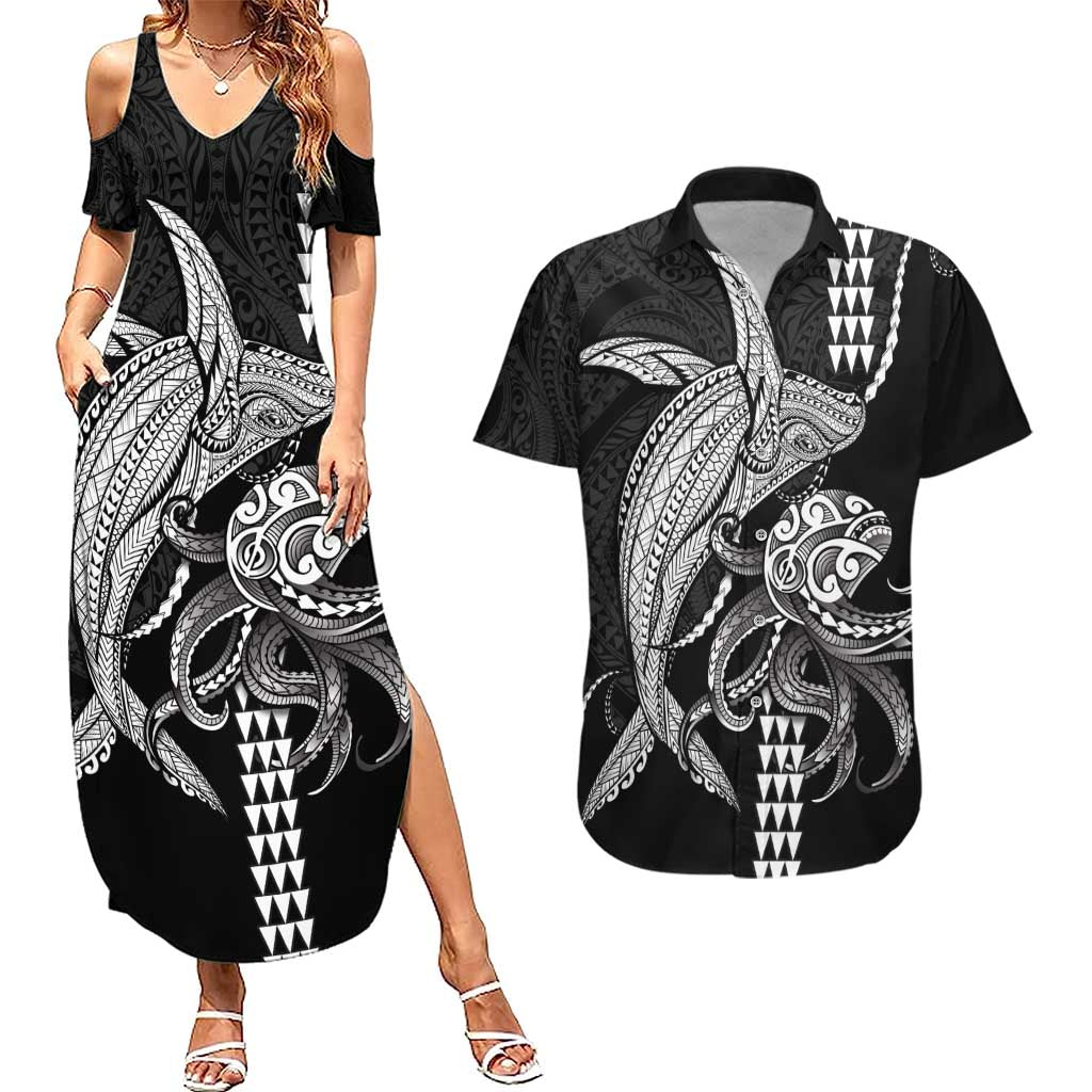 Kanaloa Aloha Hawaii Couples Matching Summer Maxi Dress and Hawaiian Shirt Humpback Whale Octopus Tattoo Kakau Pattern