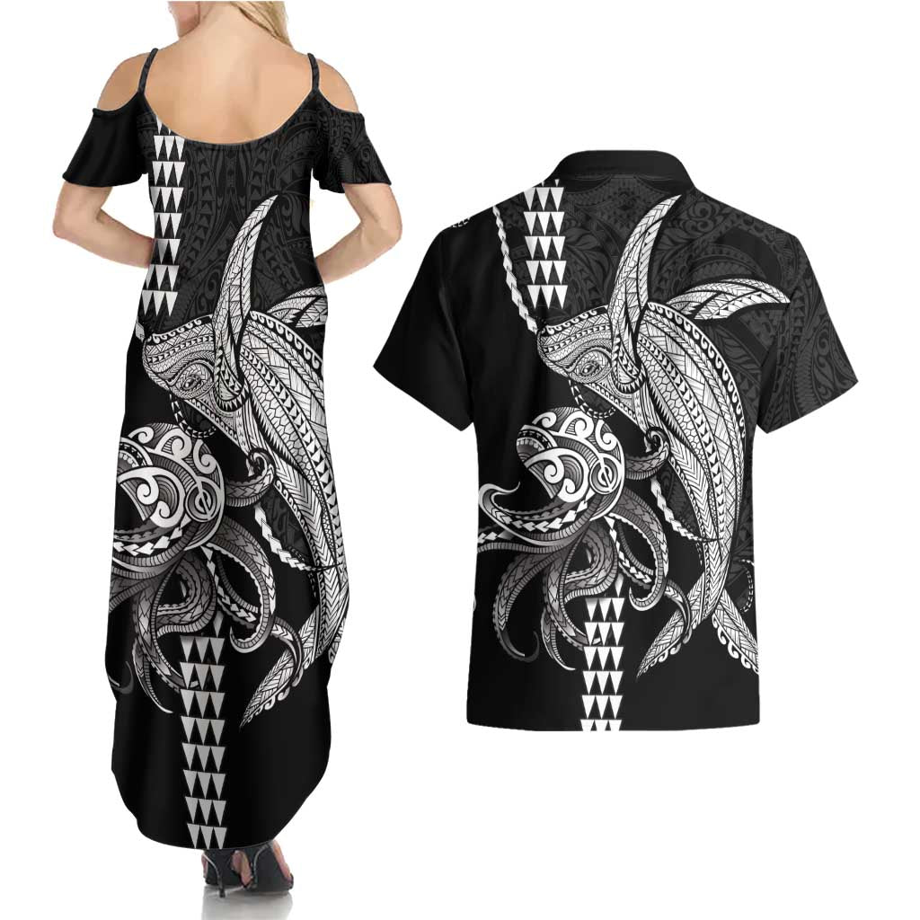 Kanaloa Aloha Hawaii Couples Matching Summer Maxi Dress and Hawaiian Shirt Humpback Whale Octopus Tattoo Kakau Pattern