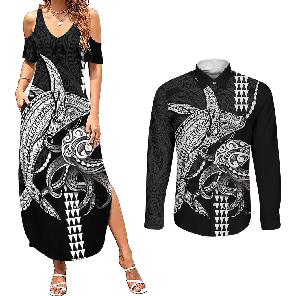 Kanaloa Aloha Hawaii Couples Matching Summer Maxi Dress and Long Sleeve Button Shirt Humpback Whale Octopus Tattoo Kakau Pattern