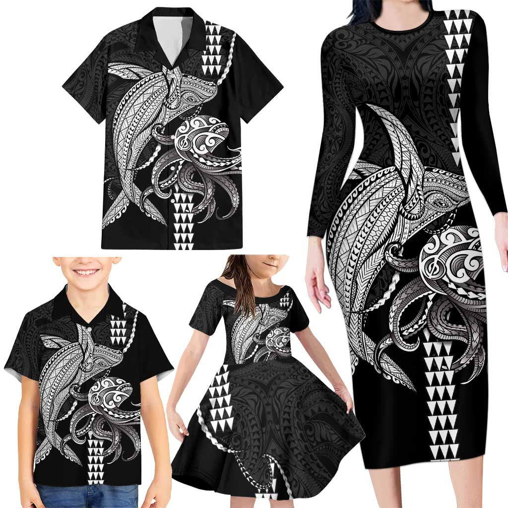Kanaloa Aloha Hawaii Family Matching Long Sleeve Bodycon Dress and Hawaiian Shirt Humpback Whale Octopus Tattoo Kakau Pattern