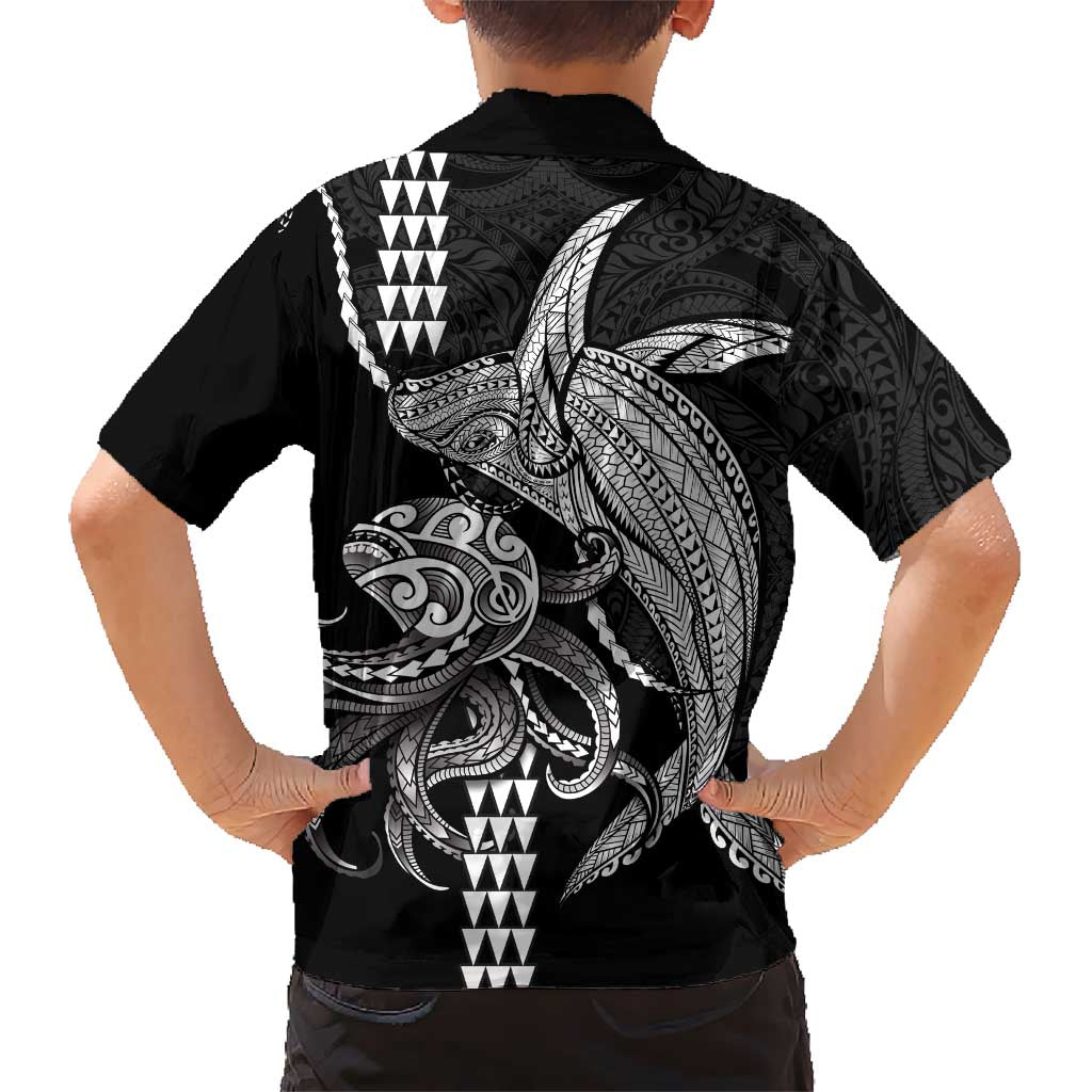Kanaloa Aloha Hawaii Family Matching Off The Shoulder Long Sleeve Dress and Hawaiian Shirt Humpback Whale Octopus Tattoo Kakau Pattern LT14 - Polynesian Pride