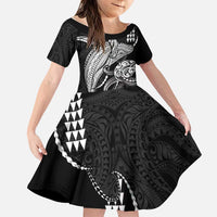 Kanaloa Aloha Hawaii Family Matching Off Shoulder Maxi Dress and Hawaiian Shirt Humpback Whale Octopus Tattoo Kakau Pattern LT14 Daughter's Dress Black - Polynesian Pride