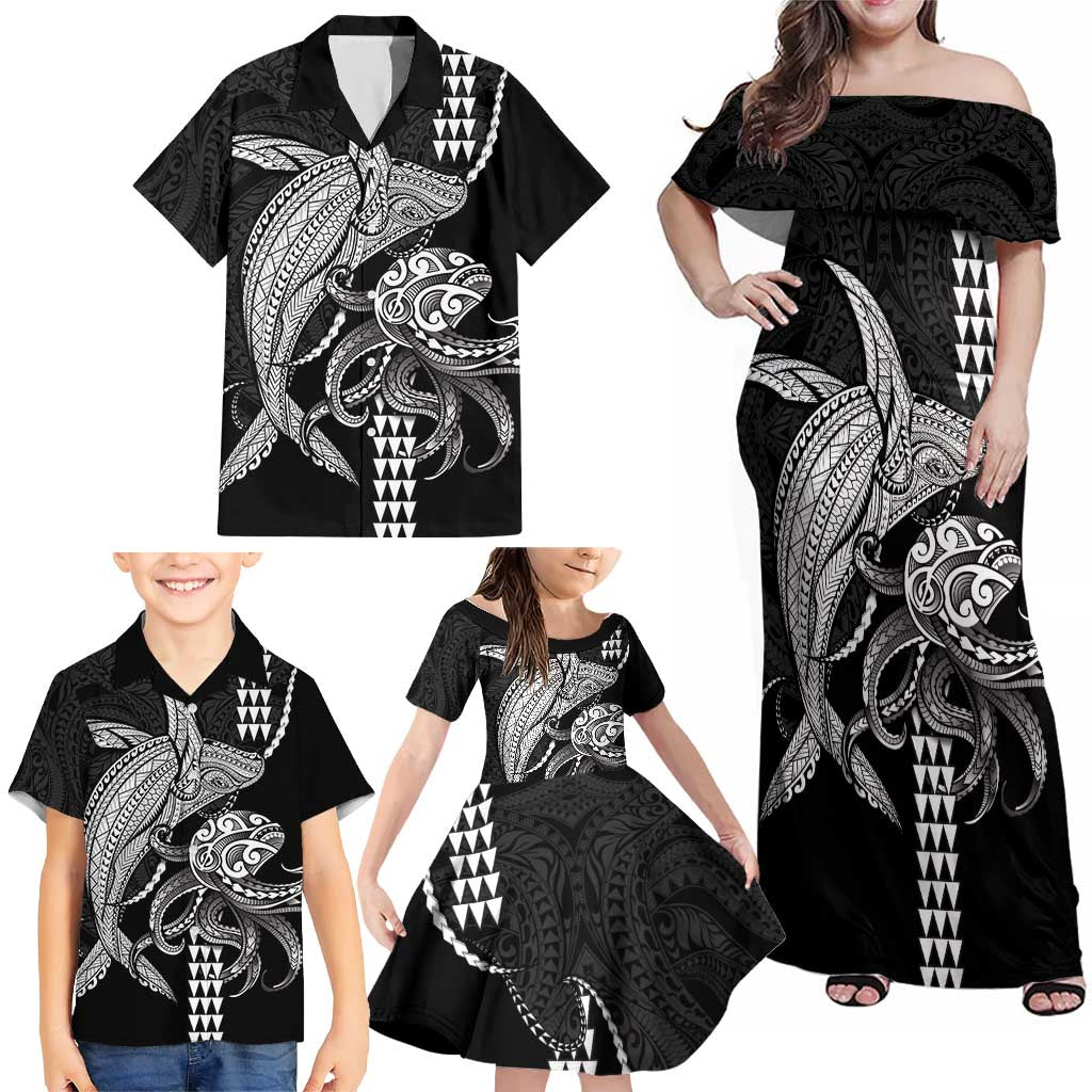 Kanaloa Aloha Hawaii Family Matching Off Shoulder Maxi Dress and Hawaiian Shirt Humpback Whale Octopus Tattoo Kakau Pattern LT14 - Polynesian Pride