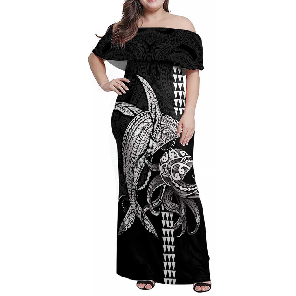 Kanaloa Aloha Hawaii Family Matching Off Shoulder Maxi Dress and Hawaiian Shirt Humpback Whale Octopus Tattoo Kakau Pattern LT14 Mom's Dress Black - Polynesian Pride
