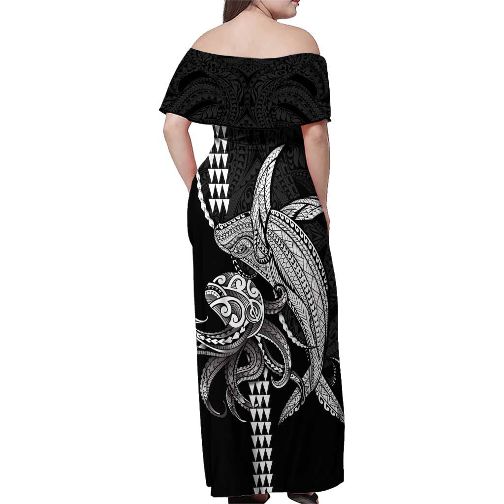 Kanaloa Aloha Hawaii Family Matching Off Shoulder Maxi Dress and Hawaiian Shirt Humpback Whale Octopus Tattoo Kakau Pattern LT14 - Polynesian Pride