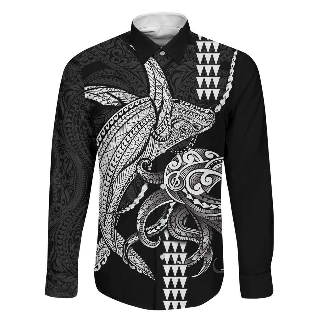 Kanaloa Aloha Hawaii Family Matching Off Shoulder Short Dress and Hawaiian Shirt Humpback Whale Octopus Tattoo Kakau Pattern LT14 Dad's Shirt - Long Sleeve Black - Polynesian Pride
