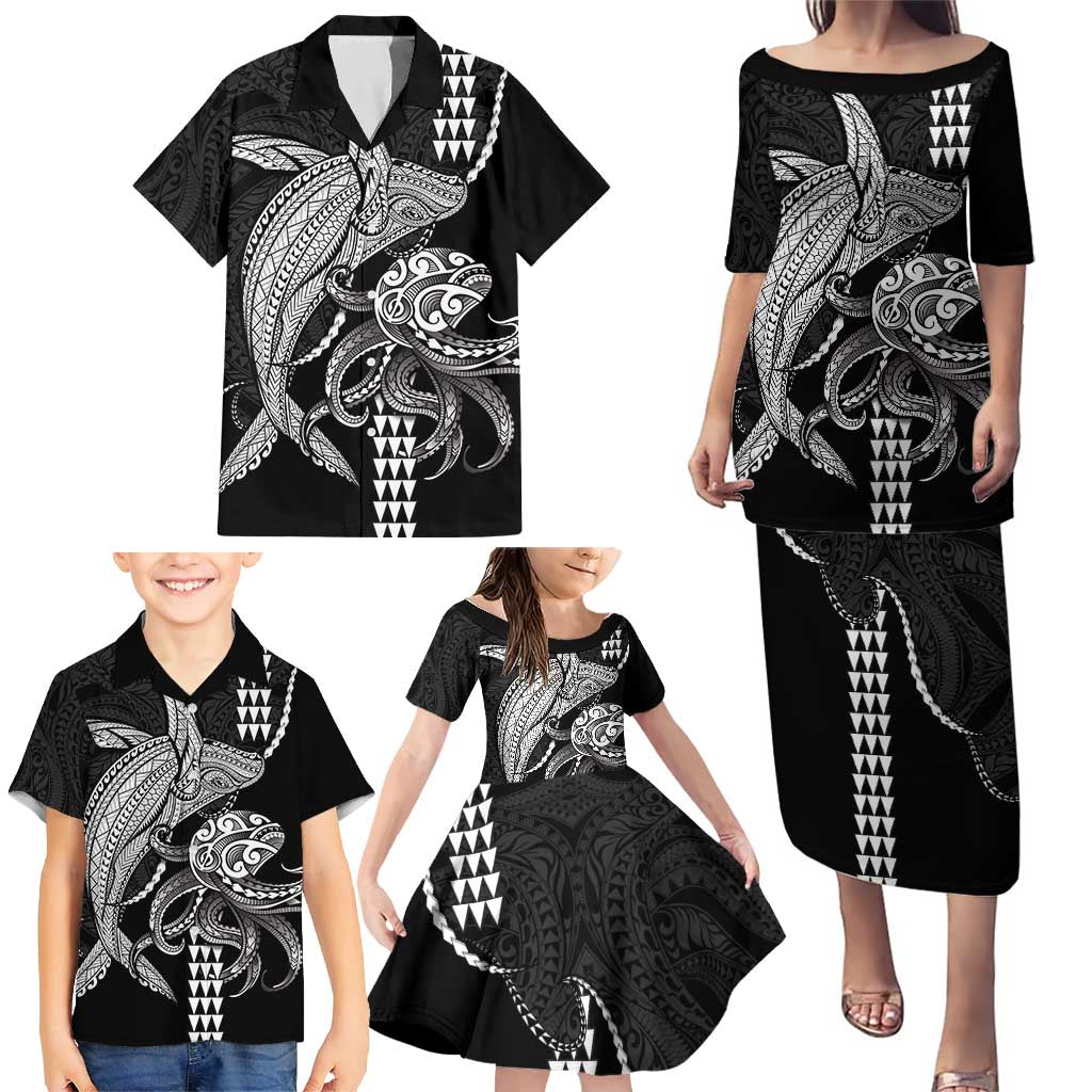 Kanaloa Aloha Hawaii Family Matching Puletasi and Hawaiian Shirt Humpback Whale Octopus Tattoo Kakau Pattern