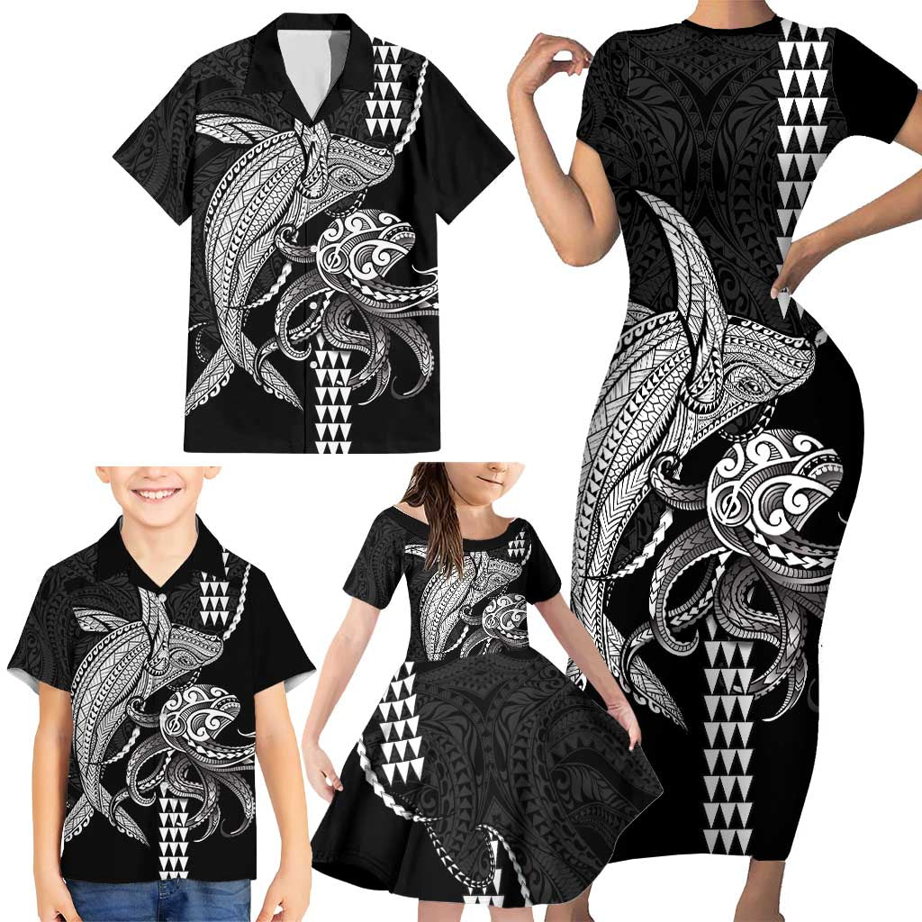 Kanaloa Aloha Hawaii Family Matching Short Sleeve Bodycon Dress and Hawaiian Shirt Humpback Whale Octopus Tattoo Kakau Pattern LT14 - Polynesian Pride