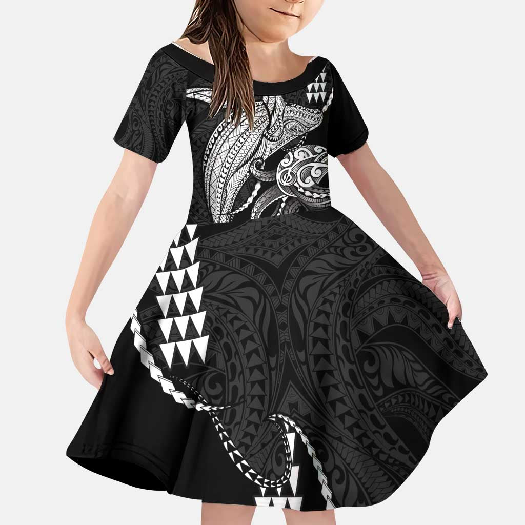 Kanaloa Aloha Hawaii Family Matching Summer Maxi Dress and Hawaiian Shirt Humpback Whale Octopus Tattoo Kakau Pattern LT14 Daughter's Dress Black - Polynesian Pride