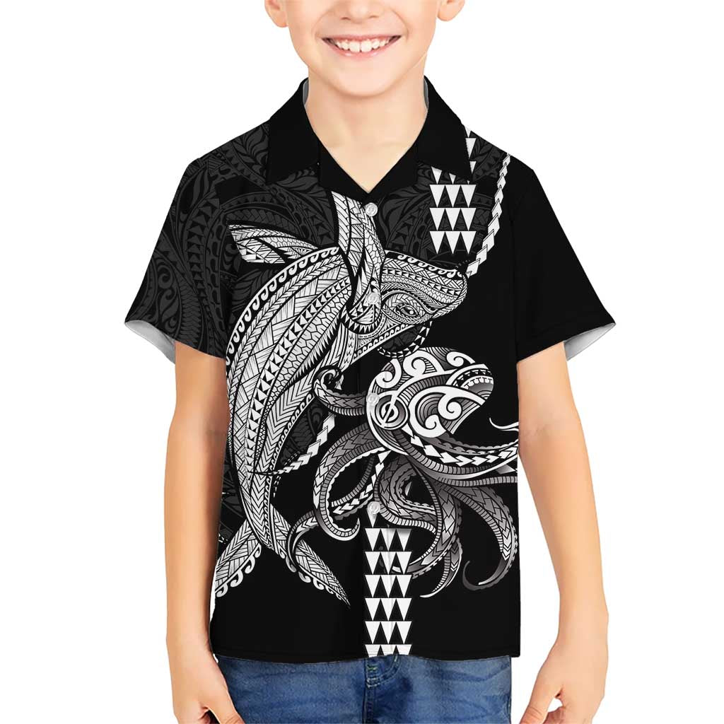 Kanaloa Aloha Hawaii Family Matching Summer Maxi Dress and Hawaiian Shirt Humpback Whale Octopus Tattoo Kakau Pattern LT14 Son's Shirt Black - Polynesian Pride