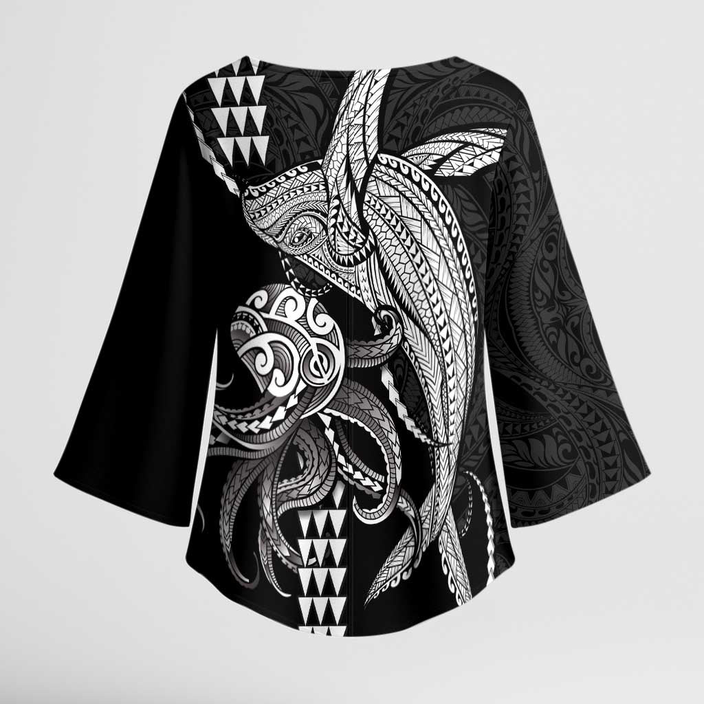Kanaloa Aloha Hawaii Kimono Sleeve Blouse Humpback Whale Octopus Tattoo Kakau Pattern