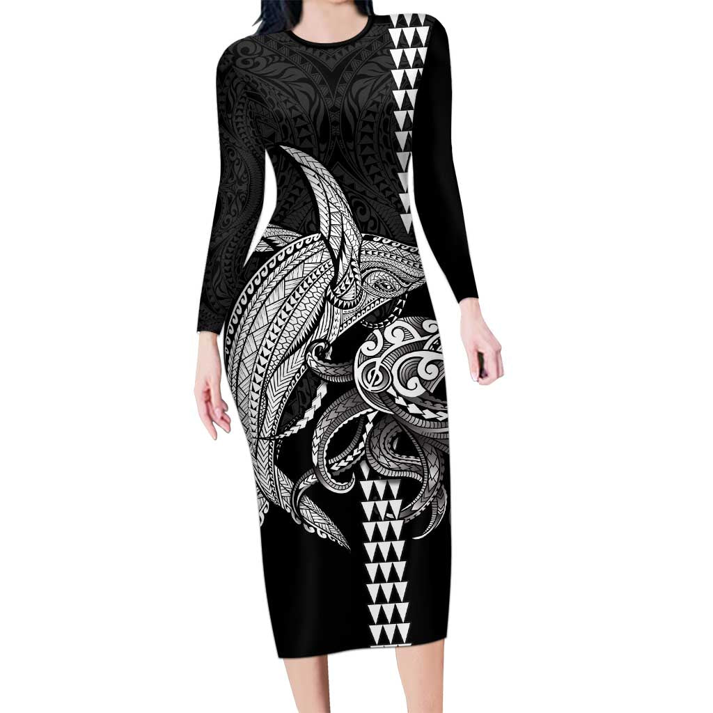 Kanaloa Aloha Hawaii Long Sleeve Bodycon Dress Humpback Whale Octopus Tattoo Kakau Pattern