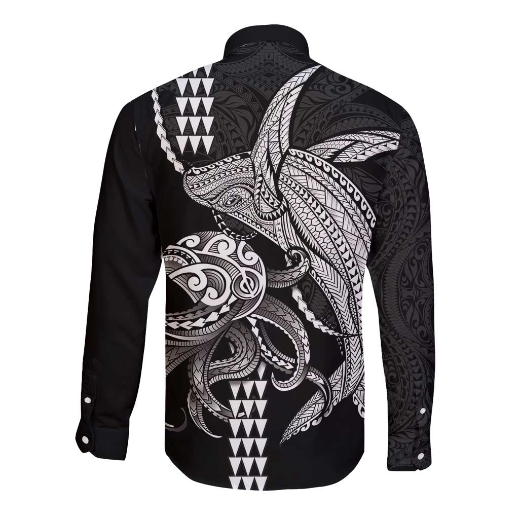 Kanaloa Aloha Hawaii Long Sleeve Button Shirt Humpback Whale Octopus Tattoo Kakau Pattern