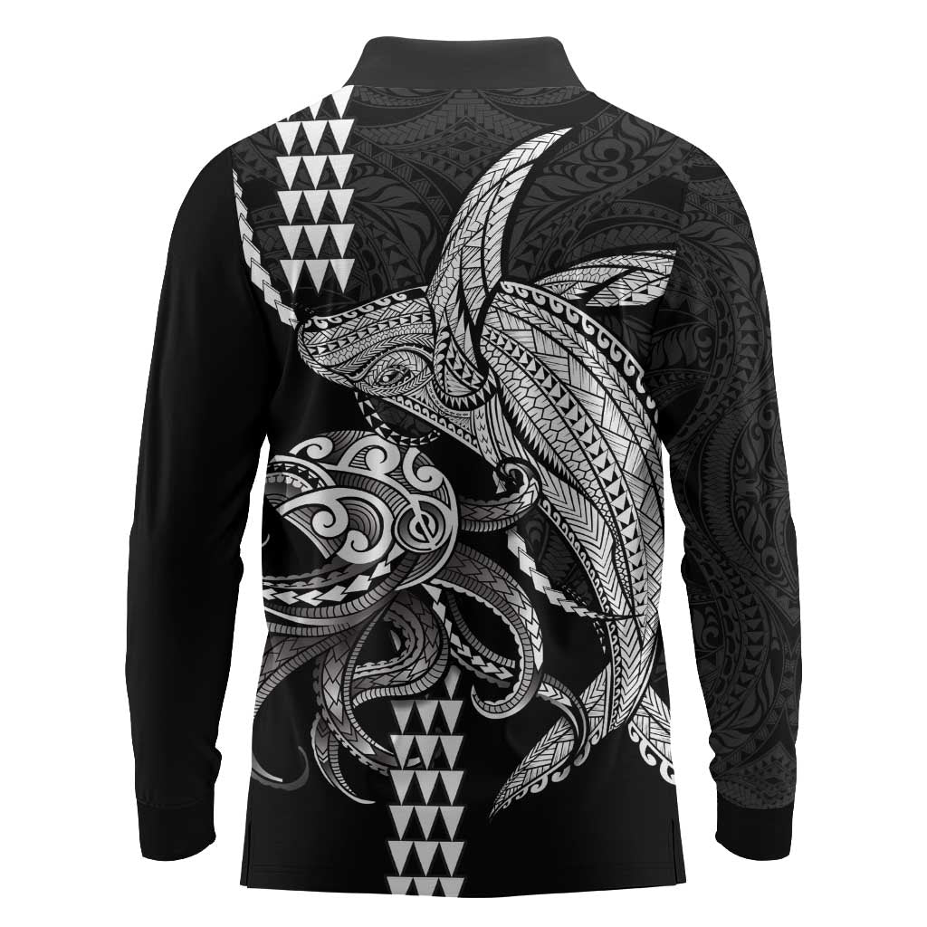 Kanaloa Aloha Hawaii Long Sleeve Polo Shirt Humpback Whale Octopus Tattoo Kakau Pattern