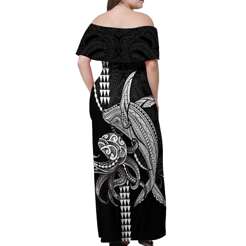 Kanaloa Aloha Hawaii Off Shoulder Maxi Dress Humpback Whale Octopus Tattoo Kakau Pattern