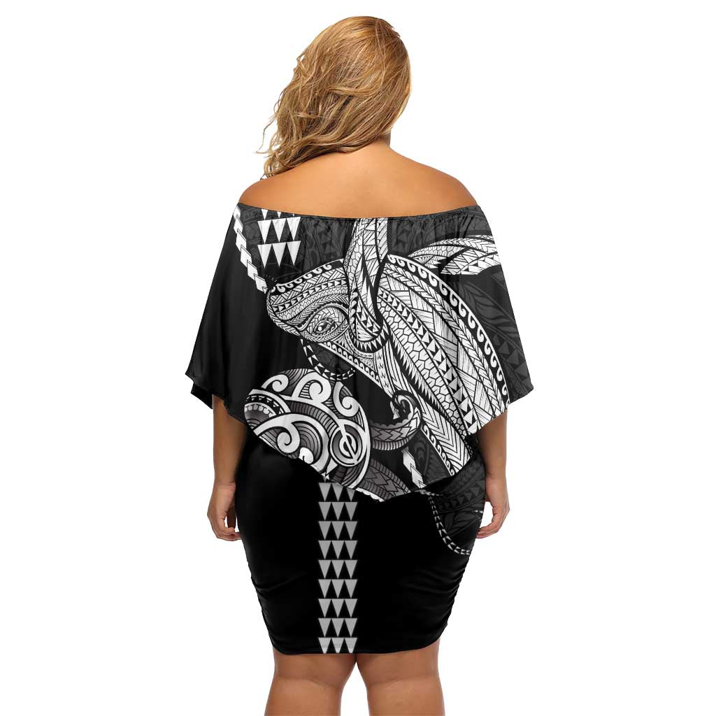 Kanaloa Aloha Hawaii Off Shoulder Short Dress Humpback Whale Octopus Tattoo Kakau Pattern