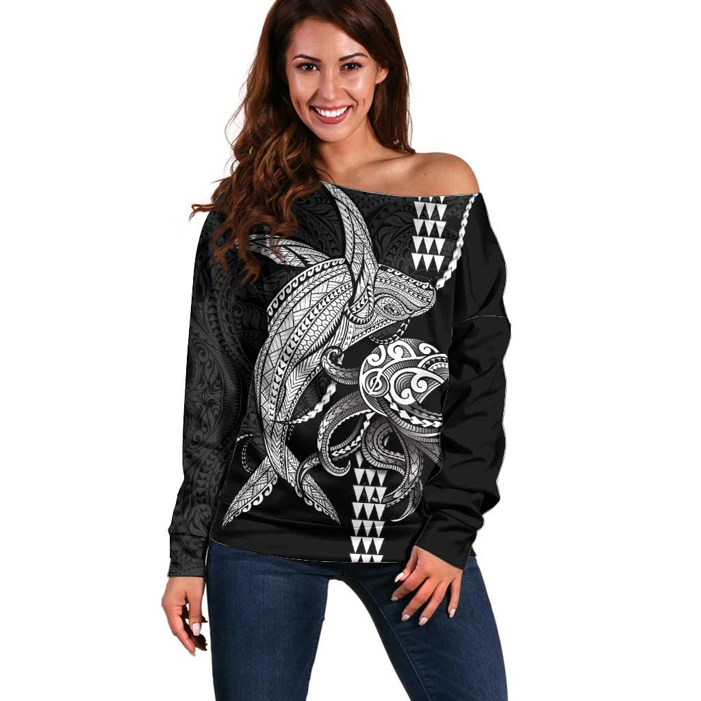 Kanaloa Aloha Hawaii Off Shoulder Sweater Humpback Whale Octopus Tattoo Kakau Pattern