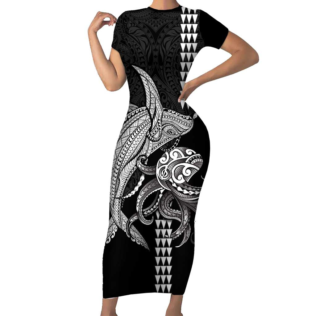 Kanaloa Aloha Hawaii Short Sleeve Bodycon Dress Humpback Whale Octopus Tattoo Kakau Pattern
