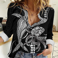 Kanaloa Aloha Hawaii Women Casual Shirt Humpback Whale Octopus Tattoo Kakau Pattern