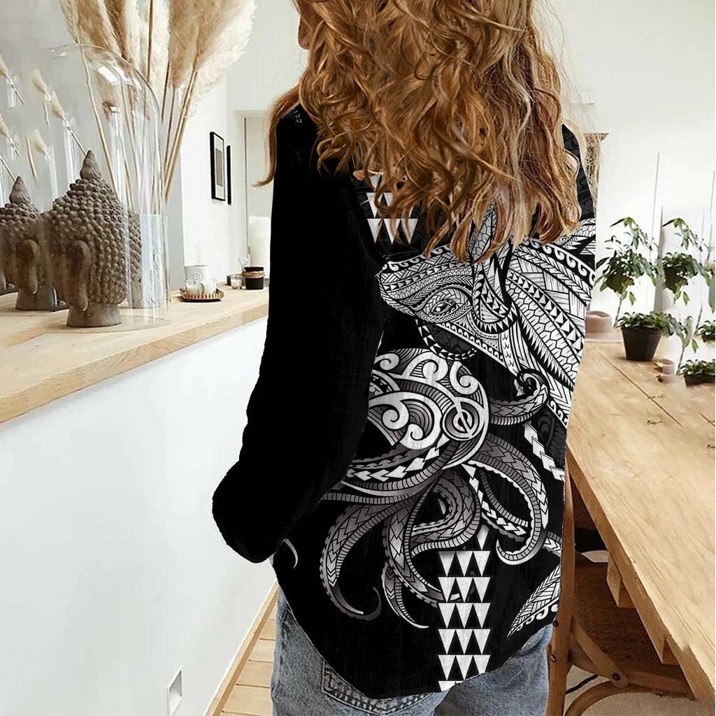 Kanaloa Aloha Hawaii Women Casual Shirt Humpback Whale Octopus Tattoo Kakau Pattern