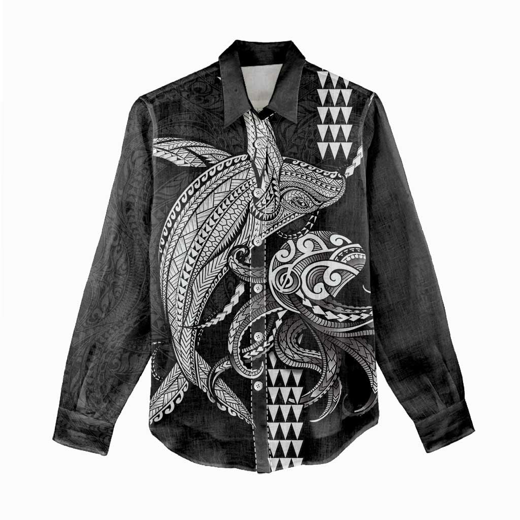 Kanaloa Aloha Hawaii Women Casual Shirt Humpback Whale Octopus Tattoo Kakau Pattern