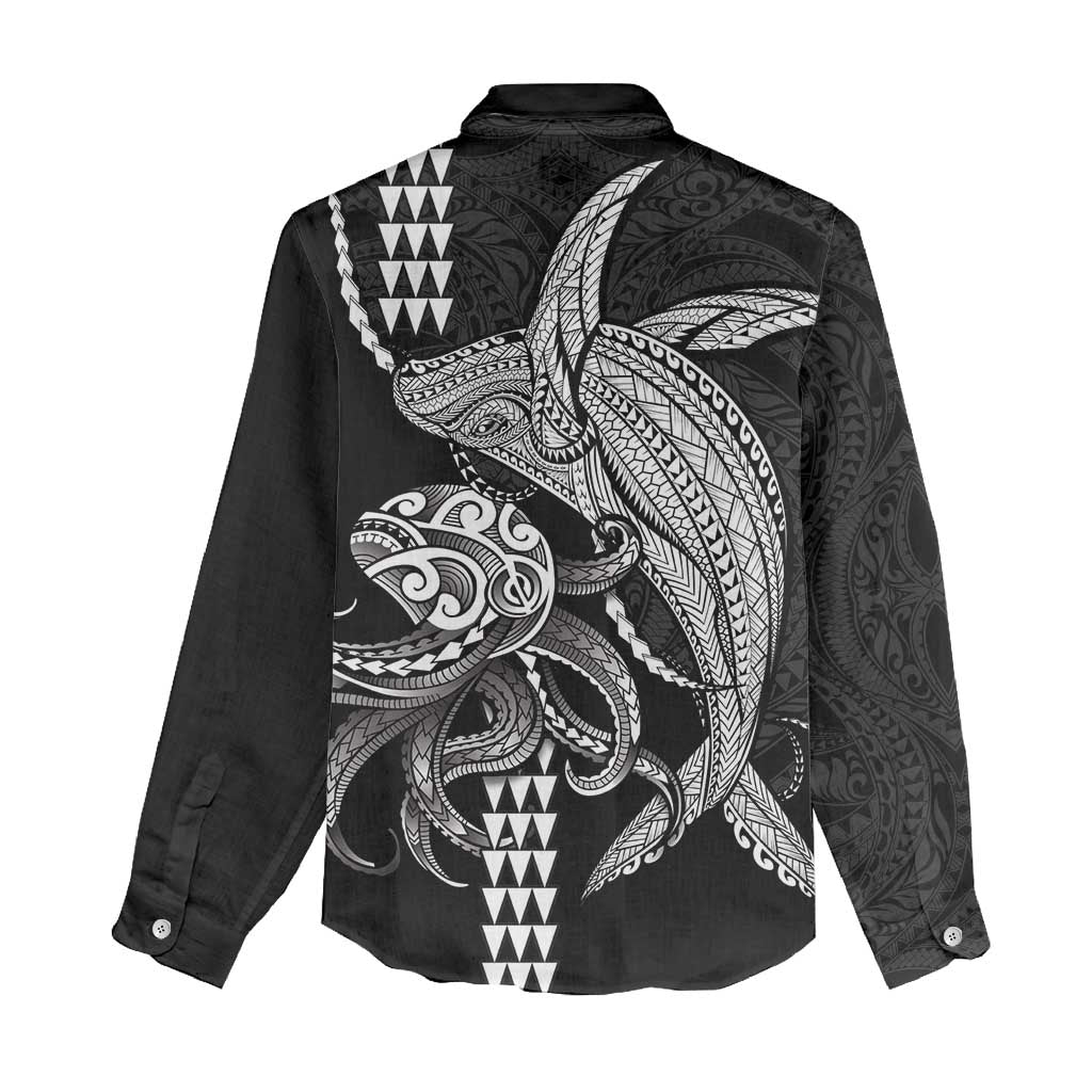 Kanaloa Aloha Hawaii Women Casual Shirt Humpback Whale Octopus Tattoo Kakau Pattern