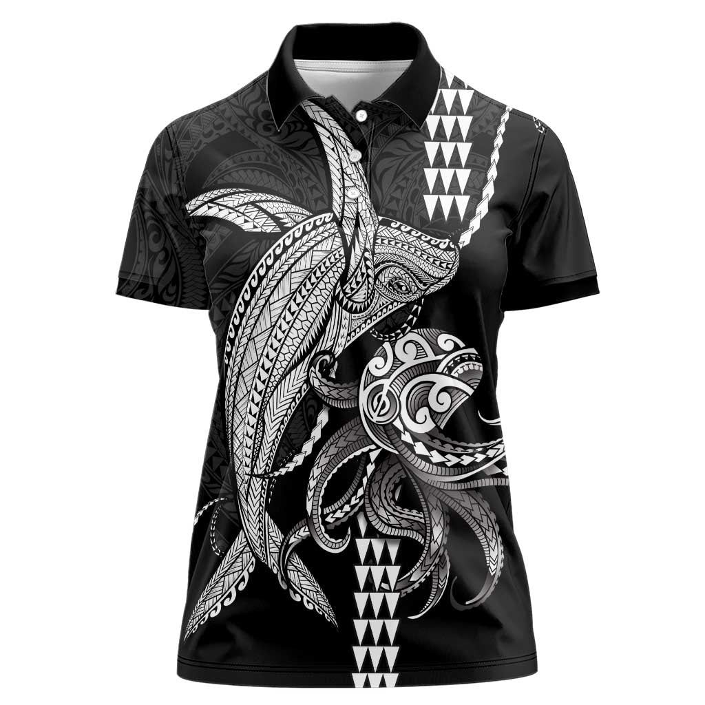 Kanaloa Aloha Hawaii Women Polo Shirt Humpback Whale Octopus Tattoo Kakau Pattern