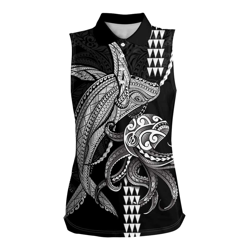 Kanaloa Aloha Hawaii Women Sleeveless Polo Shirt Humpback Whale Octopus Tattoo Kakau Pattern