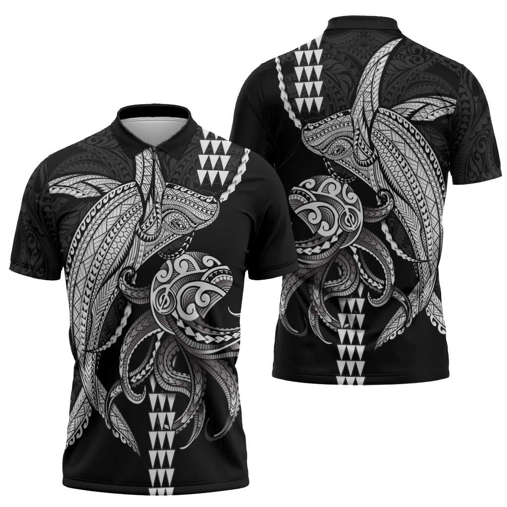 Kanaloa Aloha Hawaii Zipper Polo Shirt Humpback Whale Octopus Tattoo Kakau Pattern