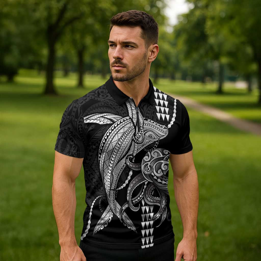 Kanaloa Aloha Hawaii Zipper Polo Shirt Humpback Whale Octopus Tattoo Kakau Pattern