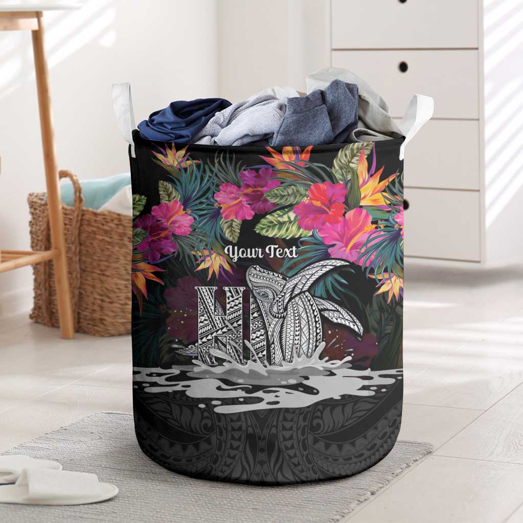 Personalised Hawaii Laundry Basket Humpback Whale Tattoo With Tropical Flowers Black