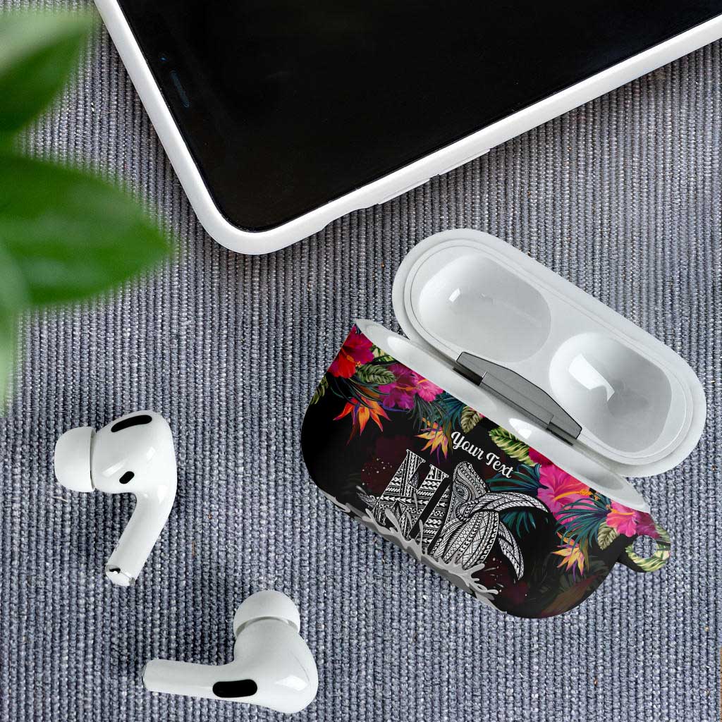 Personalised Hawaii AirPods Case Humpback Whale Tattoo With Tropical Flowers Black