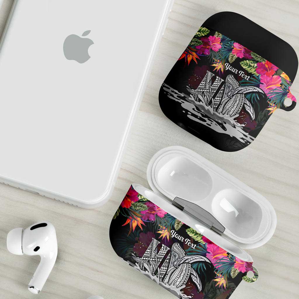 Personalised Hawaii AirPods Case Humpback Whale Tattoo With Tropical Flowers Black