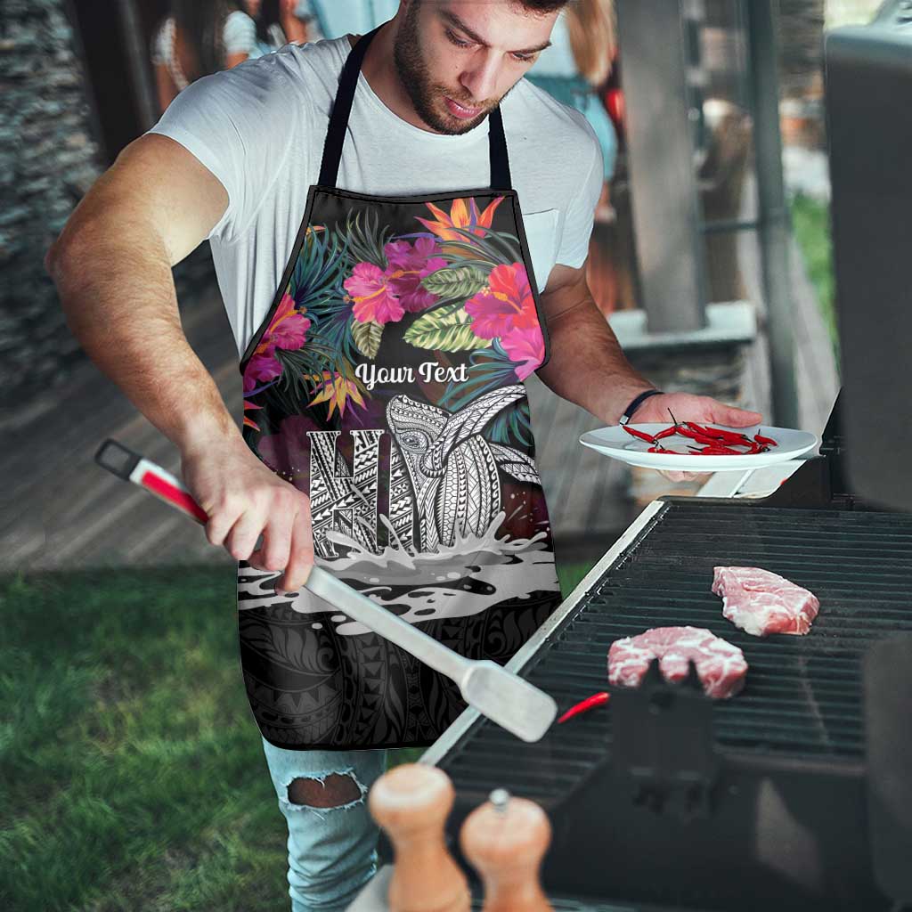 Personalised Hawaii Apron Humpback Whale Tattoo With Tropical Flowers Black