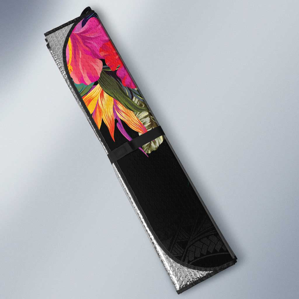 Personalised Hawaii Auto Sun Shade Humpback Whale Tattoo With Tropical Flowers Black