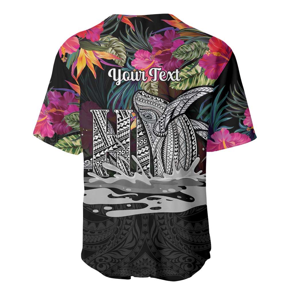 Personalised Hawaii Baseball Jersey Humpback Whale Tattoo With Tropical Flowers Black