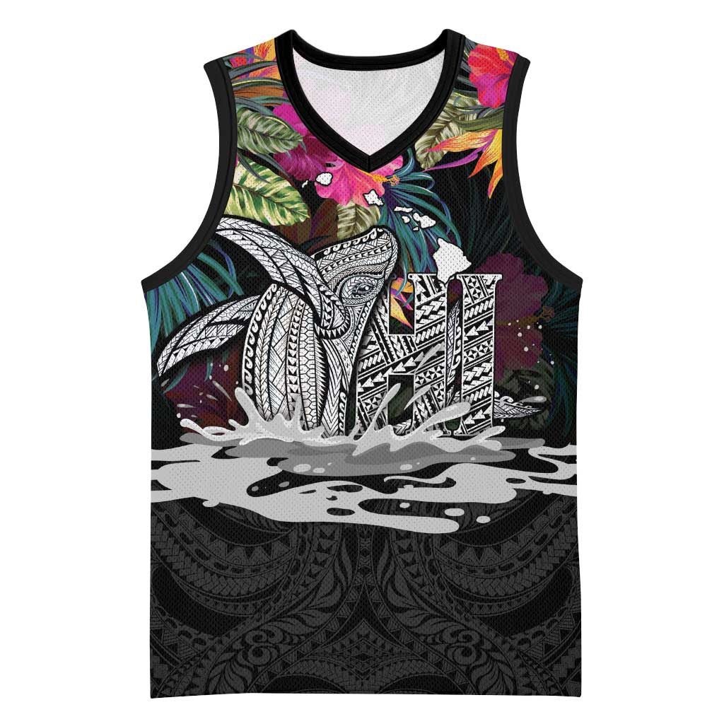 Personalised Hawaii Basketball Jersey Humpback Whale Tattoo With Tropical Flowers Black