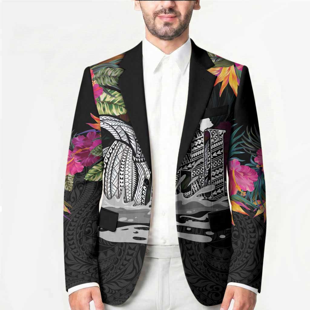 Personalised Hawaii Blazer Humpback Whale Tattoo With Tropical Flowers Black