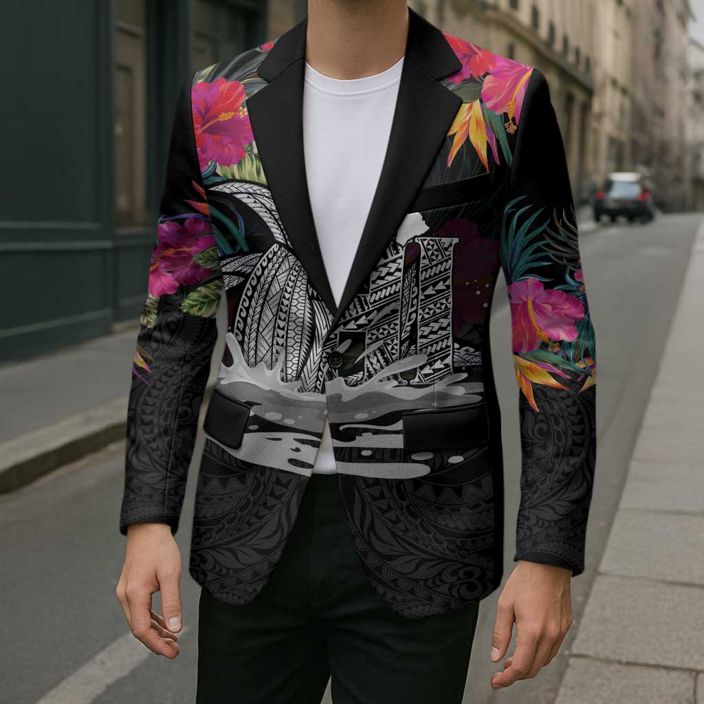 Personalised Hawaii Blazer Humpback Whale Tattoo With Tropical Flowers Black