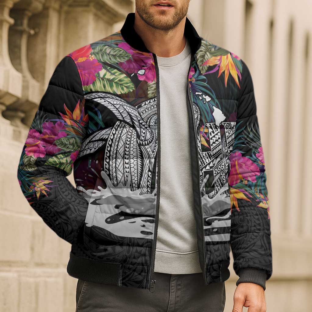 Personalised Hawaii Bomber Puffer Jacket Humpback Whale Tattoo With Tropical Flowers Black