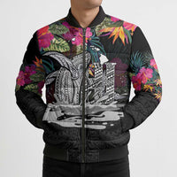 Personalised Hawaii Bomber Puffer Jacket Humpback Whale Tattoo With Tropical Flowers Black