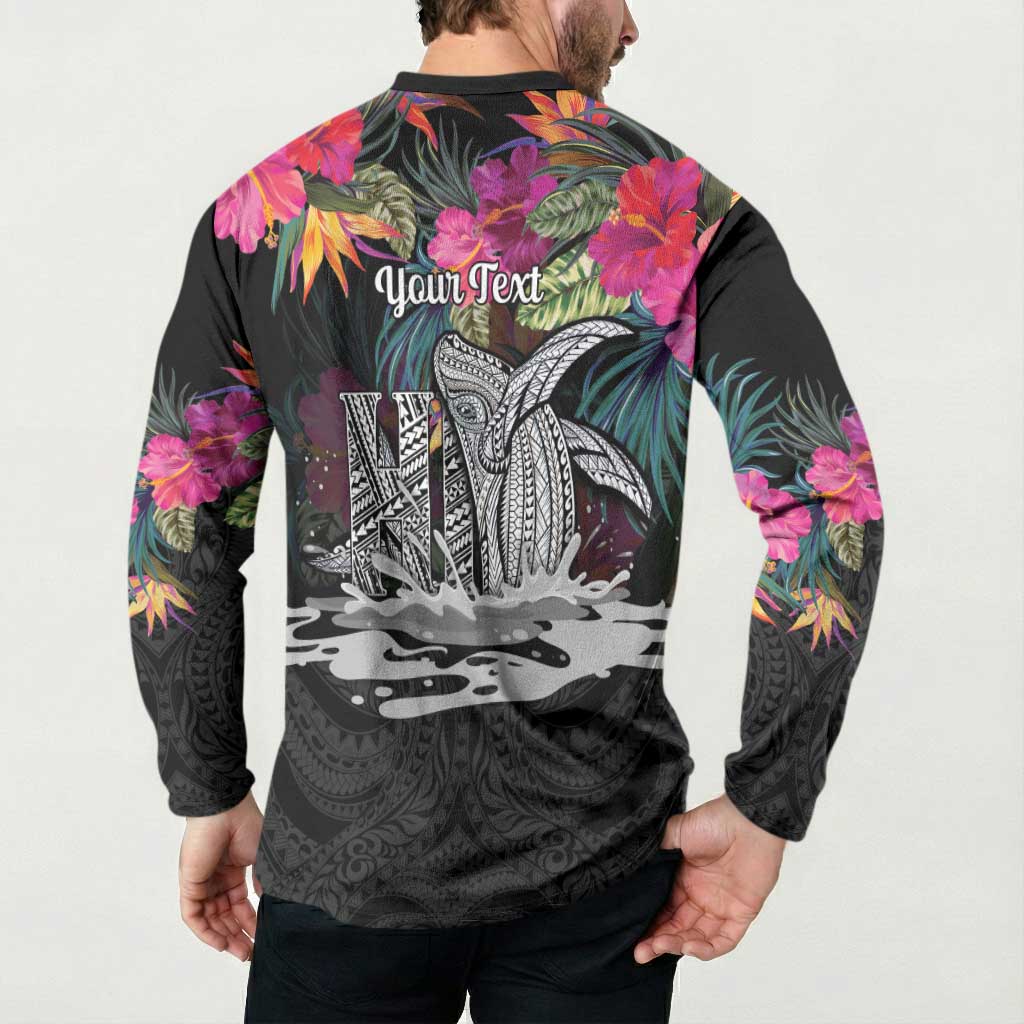 Personalised Hawaii Button Sweatshirt Humpback Whale Tattoo With Tropical Flowers Black